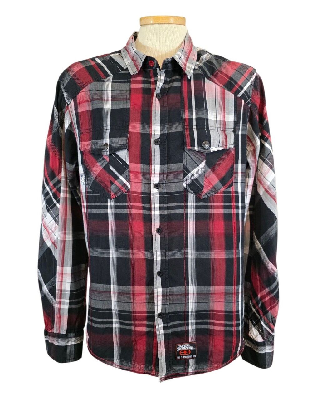 NO FEAR Vintage Shirt Mens Medium Black & Red Plaid Long Sleeve Y2K Retro